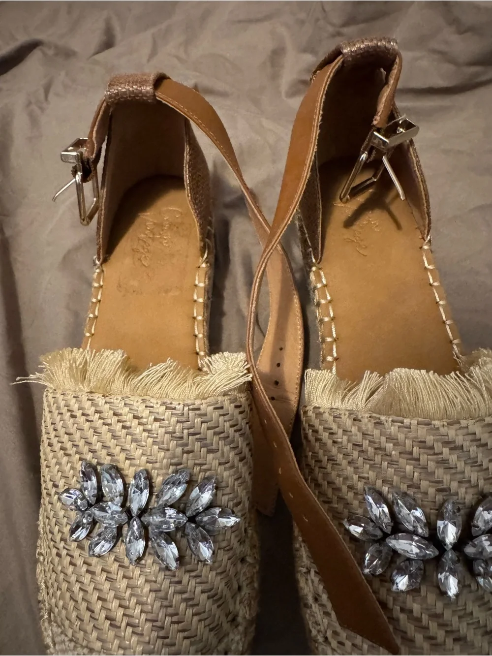 Crown Vintage Tan Beige Woven Espadrilles with Crystal Embellishment